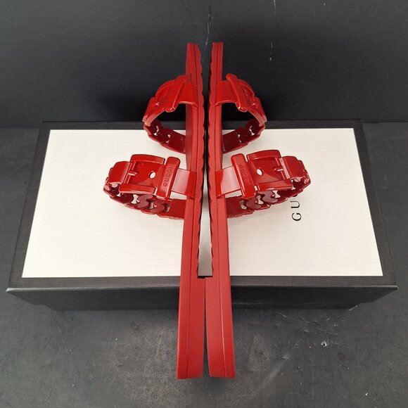 Gucci Rubber Buckle Chain Slide Sandals Womens Size 40 Hibiscus Red - Picture 6 of 14